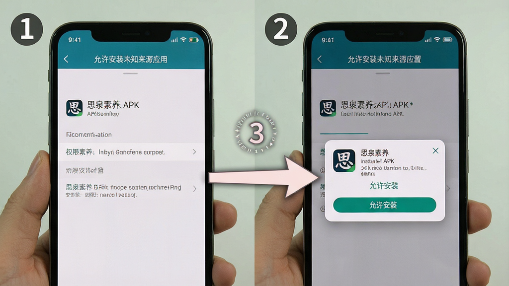 一张展示“思泉素养”安装与权限设置步骤的图片,主体为手机屏幕显示“允许安装未知来源应用”的设置界面,旁边有箭头指向“思泉素养”APK安装弹窗;布局为左右分屏对比,左侧为权限设置,右侧为安装确认;排版清晰,步骤编号1、2、3;风格为教程类截图展示;细节包括屏幕中可见“思泉素养”“允许安装”等文字;画质高清,干净,无多余元素。