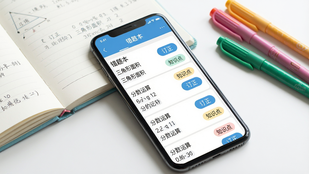 一张展示“思泉素养”错题本功能的图片,主体为手机屏幕显示错题列表,每道题旁边有“订正”按钮和知识点标签;布局为手机平放在白色书桌上,旁边有打开的笔记本和几支彩色笔;排版整齐,列表清晰;风格为学习工具类APP界面展示图;细节包括屏幕中可见“错题本”“三角形面积”“分数运算”等文字;画质高清,干净,无多余元素。