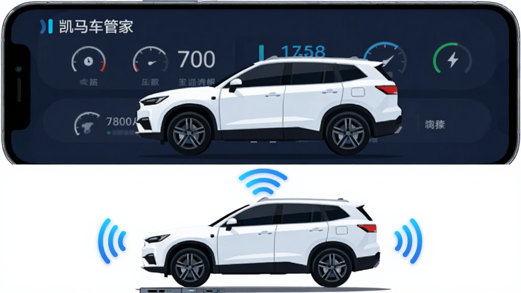 主体是一辆白色SUV汽车位于画面中央,布局为上下分层结构,上方是手机屏幕界面展示车辆状态数据,下方是汽车与手机无线连接示意,排版简洁对称,风格为现代科技感扁平插画,细节包括车辆轮廓线、仪表盘图标、信号波纹、蓝色光效点缀,画质清晰干净无多余元素,画面中文字标注“凯马车管家”