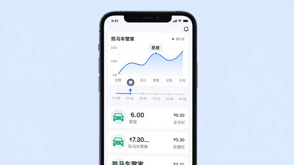 主体是手机屏幕展示行程记录列表位于画面中央,布局为上下结构,上方是里程统计图表、下方是行程列表卡片,排版清晰有序,风格为简约商务风UI插画,细节包括折线图、里程数字、时间轴、浅蓝色背景,画质干净无多余元素,画面中文字标注“凯马车管家”