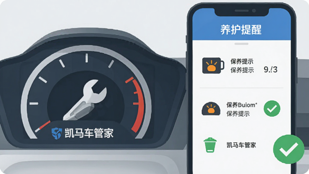 主体是汽车仪表盘与手机界面组合位于画面中央,布局为左右对称,左侧是仪表盘图标、右侧是手机养护提醒界面,排版工整,风格为扁平化科技插画,细节包括扳手图标、保养提示、故障灯、绿色对勾、浅灰背景,画质清晰干净无多余元素,画面中文字标注“凯马车管家”