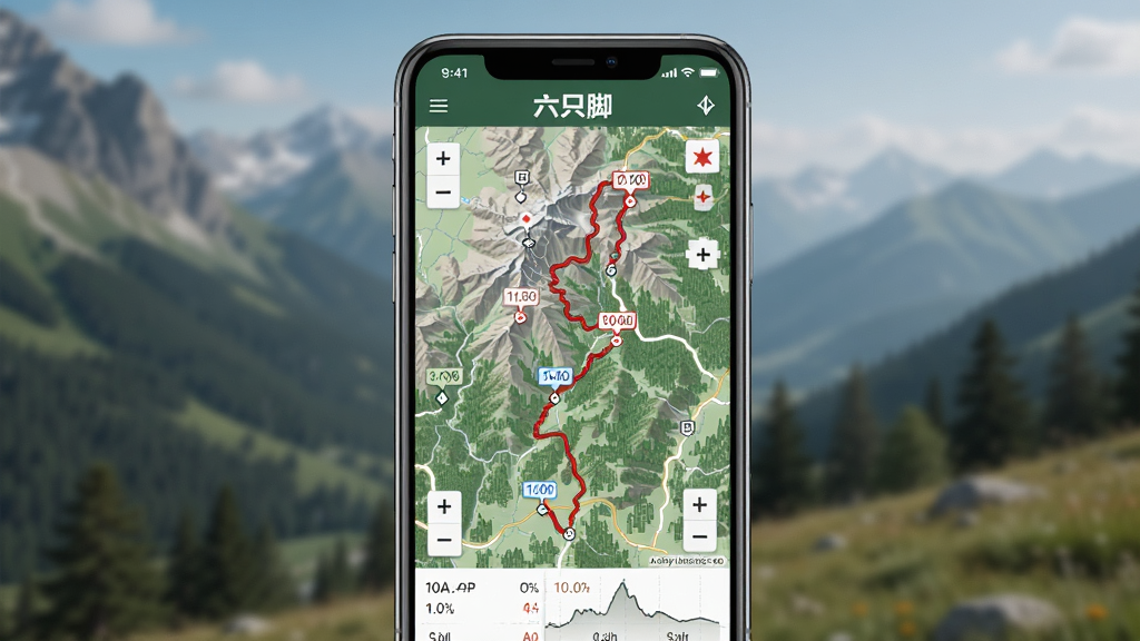����������һ�������ֻ�����Ļ����ʾ��ֻ��APP�����棬��ͼ����һ�����ѵĺ�ɫ�켣�ߴ���ɽ����ɭ�֣���Ļ�Ϸ���