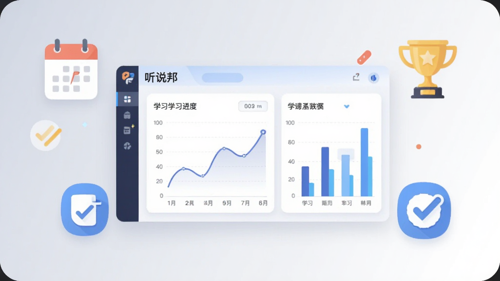 画面中央展示一个数据仪表盘,仪表盘上有折线图和柱状图显示学习进度,周围环绕日历图标、奖杯图标和打卡标记,背景为浅灰色到白色的渐变,整体布局清晰有序,风格为商务扁平插画,细节包括简洁的图表线条和圆润的图标设计,画质高清,干净,无多余元素,图中文字为“听说邦”