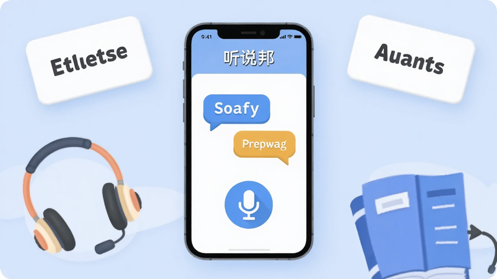 画面中央放置一部智能手机,手机屏幕显示听说邦应用主界面,界面中有英语对话气泡和麦克风图标,手机周围环绕英文单词卡片、耳机、书本等学习元素,背景为浅蓝色渐变,整体布局简洁清晰,风格为扁平化插画,细节包括圆角图标和柔和阴影,画质高清,干净,无多余元素