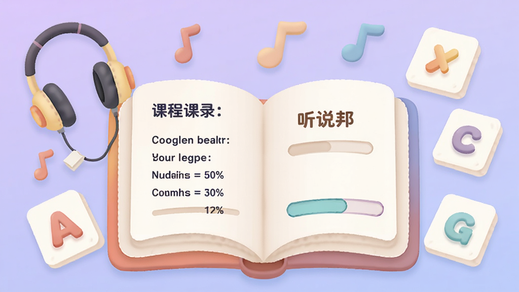 画面中央展示一个打开的书本,书本页面显示英语课程目录和进度条,书本周围环绕耳机、音符、字母卡片等元素,背景为浅紫色渐变,整体布局居中,风格为清新扁平插画,细节包括圆润的书本边角和柔和的色彩过渡,画质高清,干净,无多余元素,图中文字为“听说邦”