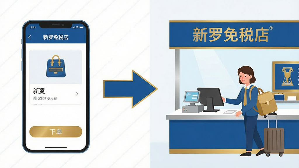 一幅新罗免税店取货流程示意图,画面左侧为手机下单界面,右侧为机场取货柜台场景,中间用箭头连接表示流程走向。整体采用扁平化插画风格,色调以蓝色和金色为主,画面中标注“新罗免税店”字样,布局清晰,细节丰富,画质干净,无多余装饰元素。