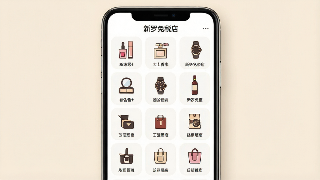 一幅展示新罗免税店商品分类页面的AI生图,画面主体是手机屏幕内呈现多行商品分类网格,包括化妆品、香水、手表、酒类等图标,每个分类配有简洁的插画图标与文字标签。布局为手机居中展示,背景为柔和的米白色,风格清新简约,细节精致,画质高清,画面干净无杂乱元素,屏幕中文字显示“新罗免税店”。