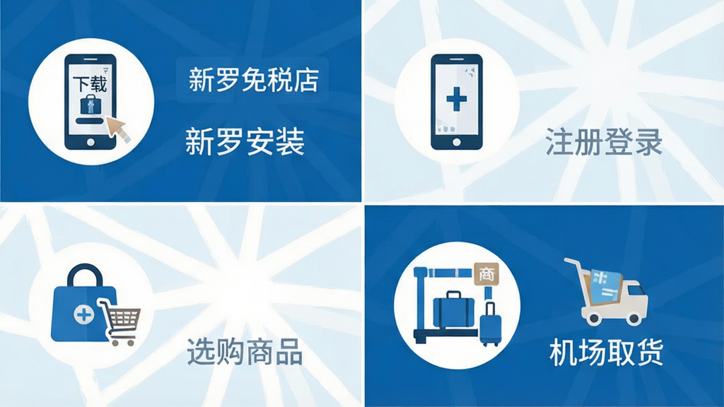一幅展示新罗免税店应用操作步骤的示意图,画面分为四个区域,分别展示下载安装、注册登录、选购商品、机场取货四个环节,每个区域配有简洁的图标和简短文字说明。整体采用扁平化设计风格,色调以蓝色和白色为主,画面中标注“新罗免税店”名称,布局整齐,画质清晰,无多余装饰。