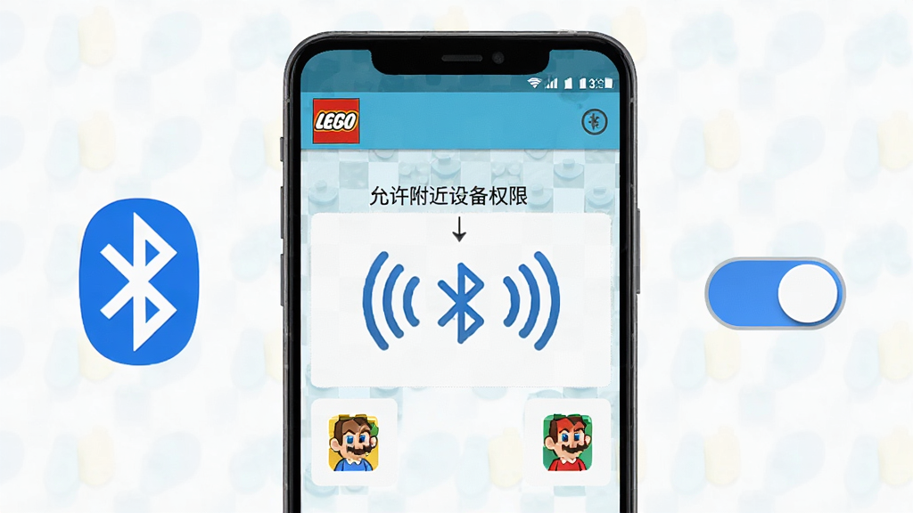 主体是安卓手机屏幕显示乐高超级马里奥应用设置界面,布局为手机竖放居中、旁边有蓝牙图标和权限开关示意,排版简洁,风格为教程示意图风,细节包括“允许附近设备权限”文字、蓝牙信号波纹、积木小图标,画质高清、干净、无多余元素