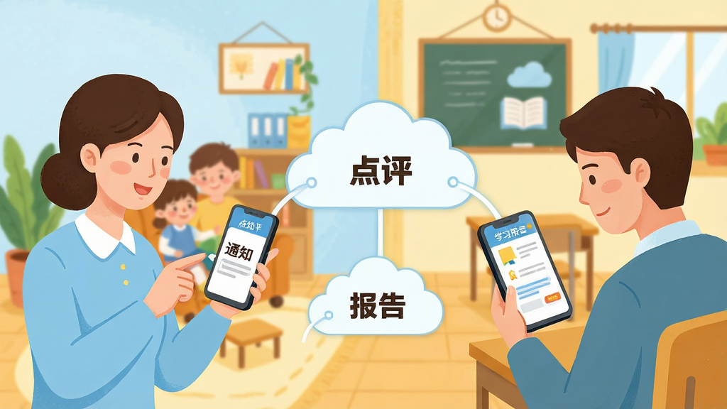一幅展示“校如云”家校互动功能的插画,画面左侧是一位老师正在用手机发送点评,右侧是一位家长在手机上查看孩子的学习报告,中间用云朵形状的连接线相连,云朵上标注“通知”“点评”“报告”等关键词,背景是温馨的家庭与教室场景,风格温暖亲切,色调以浅蓝和暖黄为主,细节丰富,画质干净,无多余元素