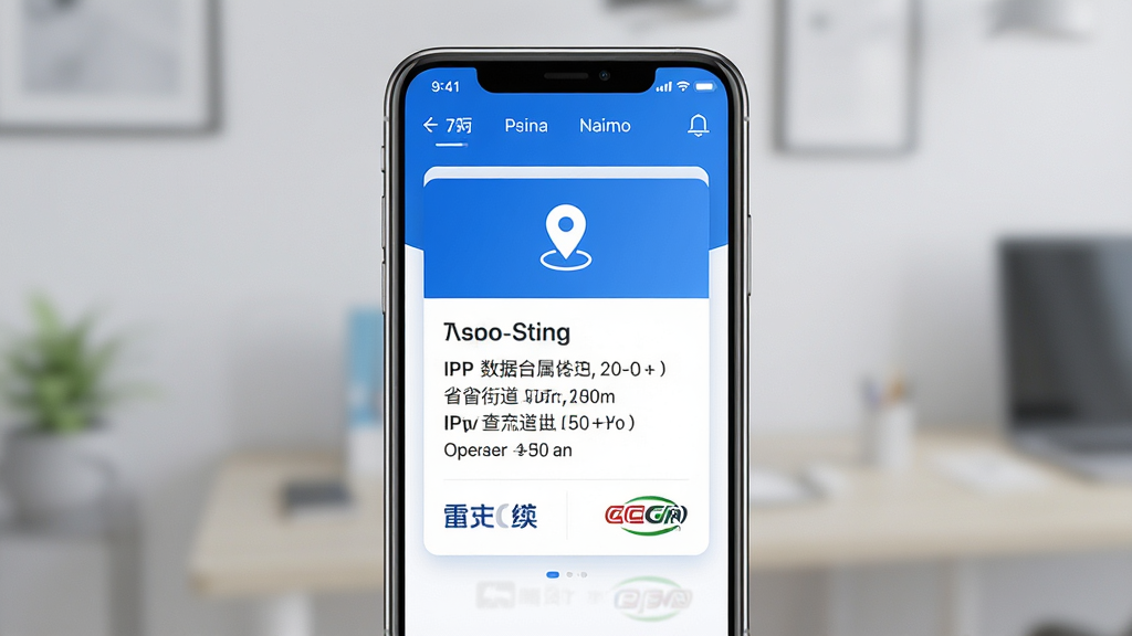 IP数据云归属地查询功能展示,主体为手机屏幕显示IP查询结果卡片,布局为居中竖向排列,排版清晰分明,风格为科技蓝白配色,细节包含地图定位图标、省市街道文字信息、运营商标志,画质高清,干净,无多余元素