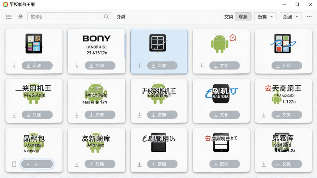 一张平板刷机王刷机包资源库的界面截图风格生图,画面中心是一个软件窗口,窗口内以网格形式排列着各种平板品牌的Logo和对应的刷机包版本卡片,每个卡片上标注着品牌名称、安卓版本号和文件大小,窗口顶部有搜索框和分类筛选标签,整体布局采用三列网格排版,风格为清爽的浅色系UI设计,细节上体现卡片阴影、选中高亮、下载按钮等元素,画质干净,无多余装饰元素