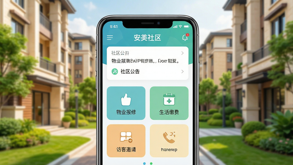 安美社区APP主界面展示,画面中央是一部智能手机,屏幕显示安美社区应用首页,包含社区公告、物业报修、生活缴费、访客邀请等图标按钮,背景是温馨的现代小区楼栋与绿化环境,整体风格清新明亮,采用扁平化UI设计,细节清晰,文字标注“安美社区”,画质干净,无多余元素