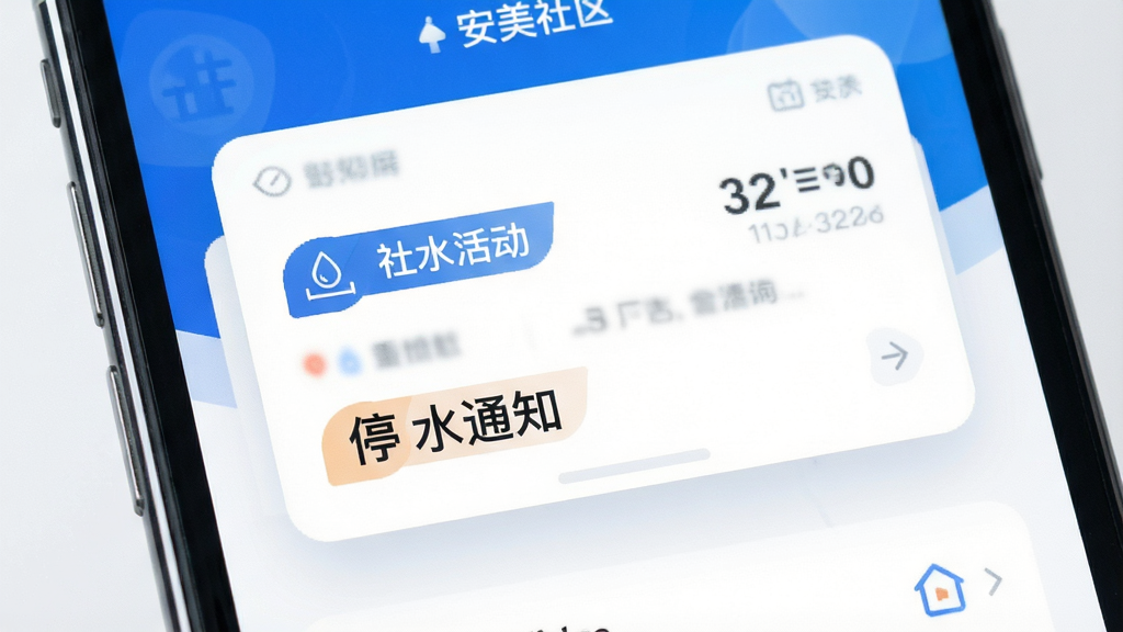安美社区APP公告推送界面,手机屏幕弹出社区公告卡片,显示“停水通知”和“社区活动”标识,背景是简洁的白色与蓝色调,风格现代科技感,细节清晰,文字标注“安美社区”,画质干净,无多余元素