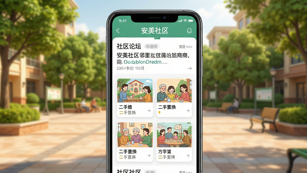 安美社区APP邻里互动界面,手机屏幕显示社区论坛帖子列表与二手置换商品卡片,背景是温馨的社区广场与绿树,风格亲切友好,细节清晰,文字标注“安美社区”,画质干净,无多余元素