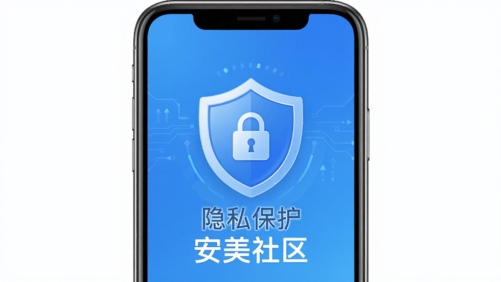 安美社区APP安全使用示意图,手机屏幕显示安全盾牌图标与“隐私保护”字样,背景是简洁的蓝色渐变,风格科技安全,细节清晰,文字标注“安美社区”,画质干净,无多余元素