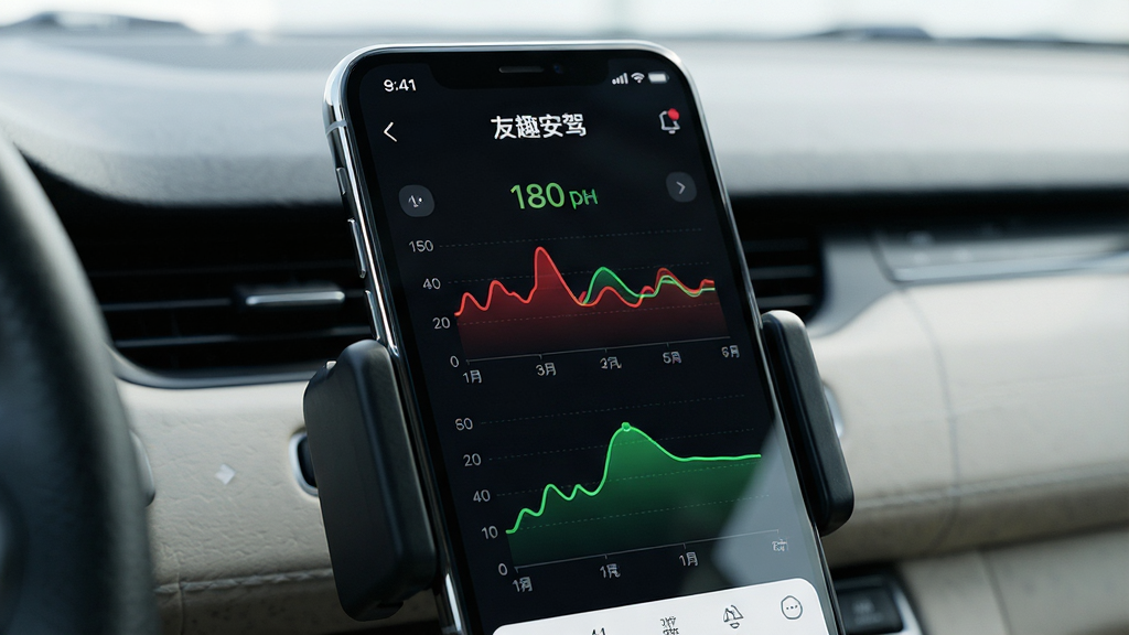 画面主体为一部智能手机固定在汽车中控台支架上,屏幕显示友趣安驾应用界面,界面中有红色和绿色的驾驶行为波形图,布局为居中特写,排版突出手机屏幕内容,风格为现代科技感,细节包括手机边框反光、屏幕上的评分数字和曲线图,画质清晰,画面干净,无多余元素,屏幕中文字显示“友趣安驾”。