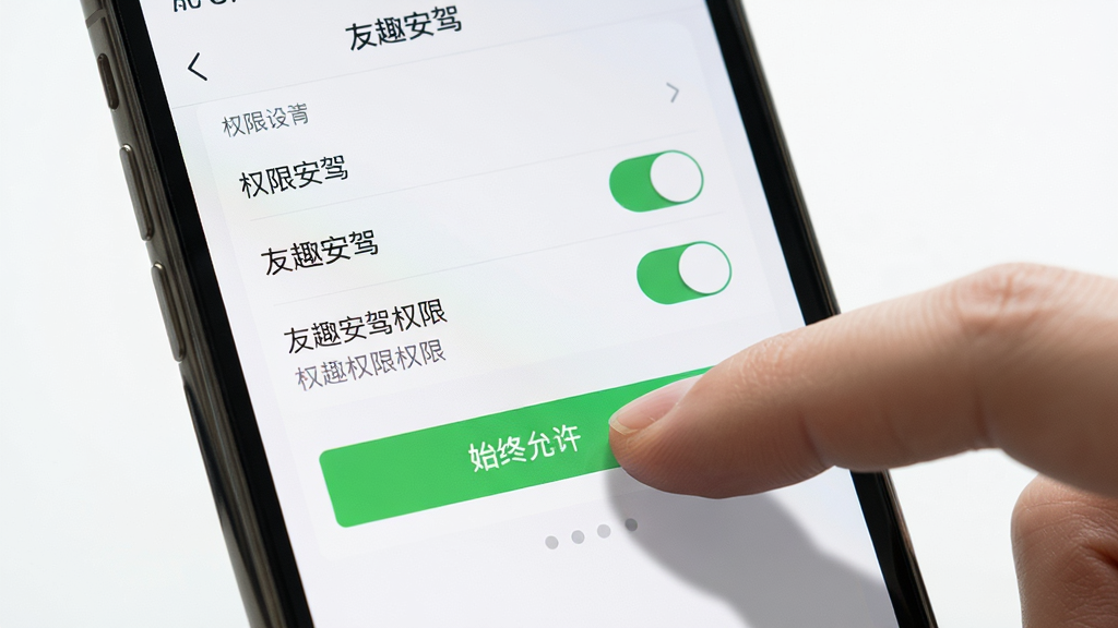 画面主体为一部手机屏幕显示友趣安驾的权限设置页面,旁边有手指点击“始终允许”按钮的动作特写,布局为手机屏幕居中,手指从右侧伸入,排版突出权限选项,风格为写实UI风格,细节包括权限列表、开关按钮、手指阴影,画质清晰,画面干净,无多余元素,屏幕中文字显示“友趣安驾”。