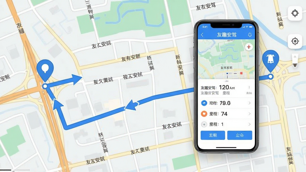 画面主体为一张城市地图,地图上有一条蓝色的行车轨迹线,起点和终点有标记,手机悬浮在地图上方显示友趣安驾的行程记录页面,布局为地图铺满背景,手机居中偏右,排版突出轨迹路线,风格为扁平化地图风格,细节包括道路名称、轨迹箭头、手机屏幕上的里程数据,画质清晰,画面干净,无多余元素,屏幕中文字显示“友趣安驾”。