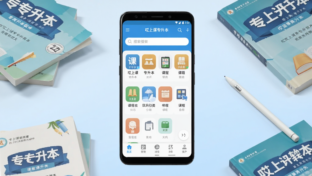 一张展示哎上课专升本软件主界面的手机样机图,画面中央是一部安卓手机,屏幕内显示哎上课专升本APP的首页界面,包含课程分类图标、搜索栏与底部导航栏,背景为淡蓝色渐变,周围散落几本专升本教材与一支触控笔,风格简洁明亮,细节清晰,画质干净,无多余元素