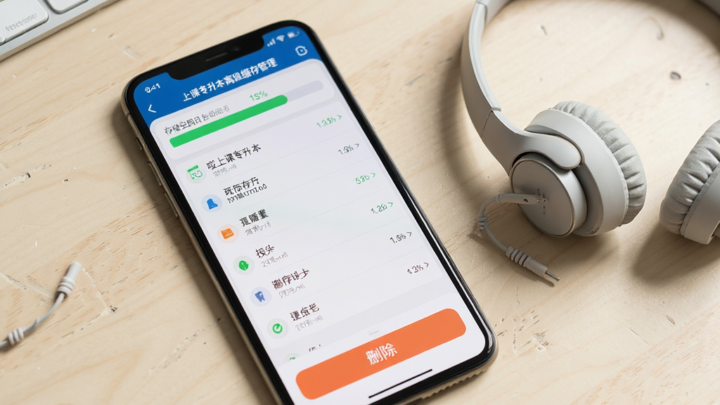 一张展示哎上课专升本离线缓存管理界面的手机图,画面中手机屏幕显示缓存列表与删除按钮,屏幕上方有存储空间占用条,背景为浅色桌面,旁边放着一副耳机,风格干净清爽,画质清晰,无多余元素