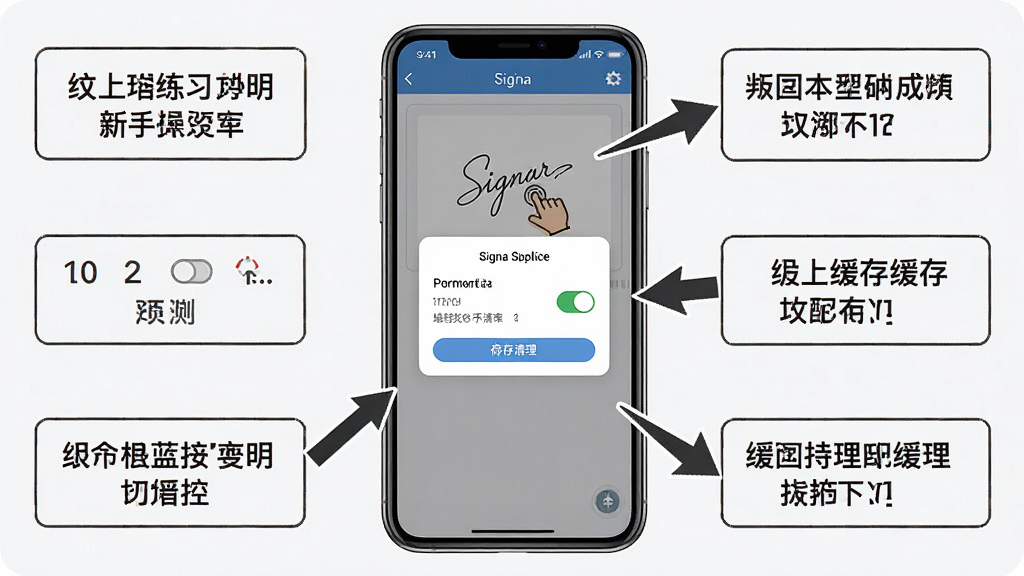 一张展示电子签名软件新手操作界面的图片,主体为手机屏幕显示签名练习区域和权限设置弹窗,旁边有箭头指示操作步骤,布局为手机居中,四周环绕提示文字框,风格为教程指引风,细节包含手指点击图标、权限开关、缓存清理按钮,画质高清,干净,无多余元素