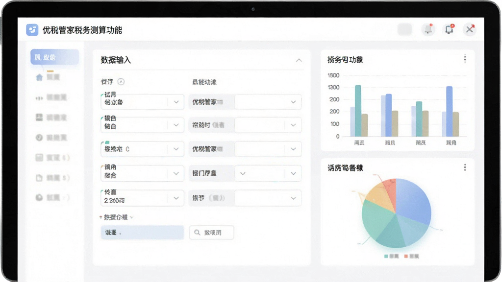 优税管家税务测算功能界面,画面中央是一个数据输入表单,右侧显示柱状图和饼图,图表颜色柔和,界面背景为白色,整体风格专业简洁,画质清晰,干净,无多余元素