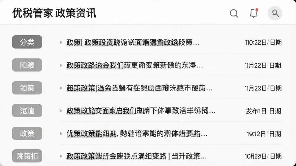 优税管家政策资讯页面截图,画面显示一条条政策标题列表,左侧有分类标签,右侧有发布日期,整体排版像新闻阅读器,风格素雅,画质清晰,干净,无多余元素