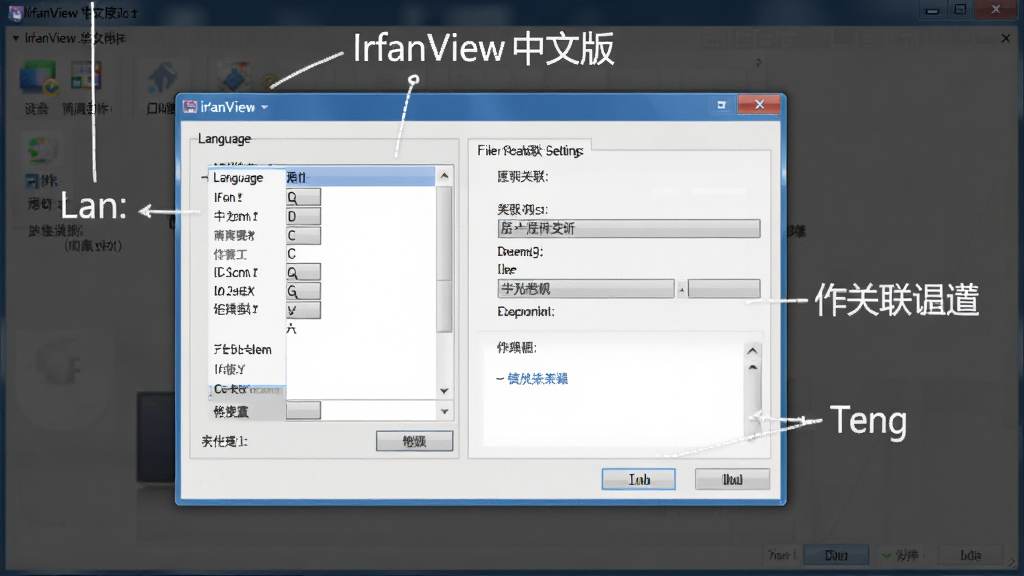 一张展示IrfanView中文版设置界面的图片,画面中打开的是语言选择和文件关联设置对话框,界面清晰,旁边有标注提示文字,风格是写实的软件设置界面,画质清晰,干净,无多余元素。