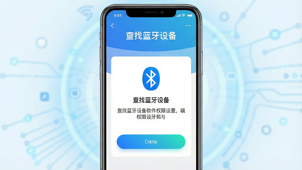 一张展示查找蓝牙设备软件权限设置引导页面的图片,画面主体是手机屏幕,屏幕上显示着权限开启提示和蓝牙图标。布局为手机居中,背景有淡蓝色光晕。排版为上下结构,顶部显示