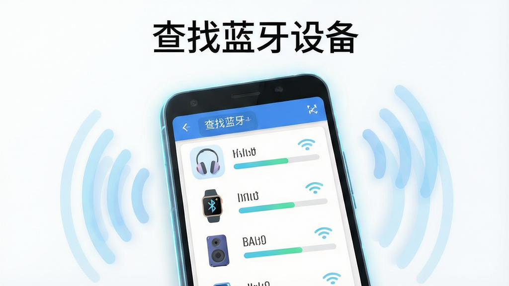 一张展示手机蓝牙扫描界面的图片,画面中心是一部安卓手机,手机屏幕上显示着查找蓝牙设备软件的扫描列表,列表中有蓝牙耳机、智能手表、蓝牙音箱等设备图标和信号强度条,手机周围漂浮着淡蓝色的蓝牙信号波纹。布局采用居中构图,手机略微倾斜展示屏幕内容。排版清晰,上方留白放置软件名称文字