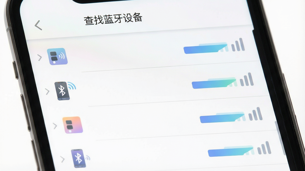 一张展示蓝牙设备扫描结果列表的图片,画面主体是手机屏幕特写,屏幕上显示着查找蓝牙设备软件的扫描结果页面,列表中排列着多个蓝牙设备条目,每个条目左侧有设备类型图标,右侧有信号强度指示条。布局为手机屏幕居中,四周留白。排版采用上下结构,顶部是软件名称