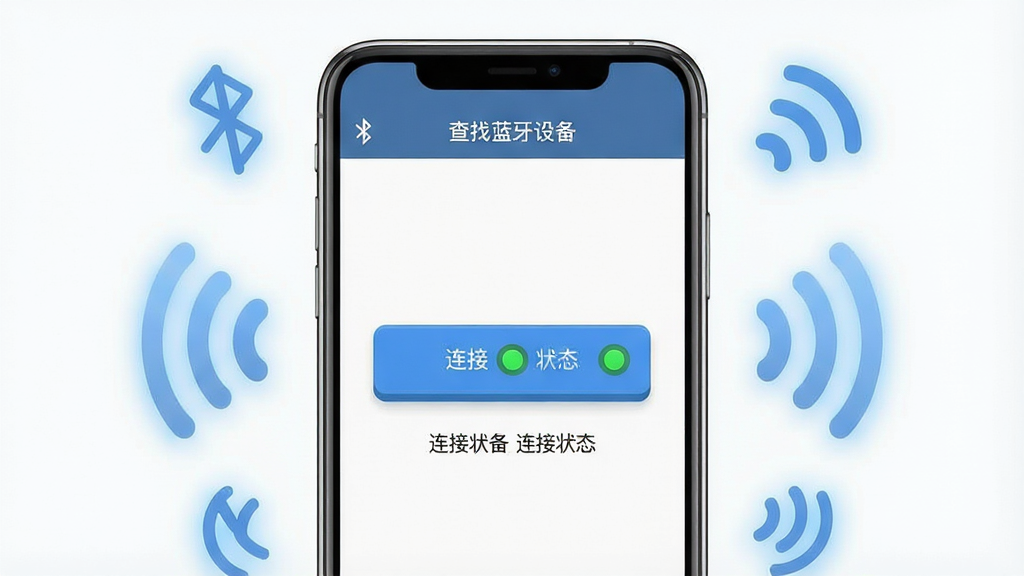 一张展示蓝牙连接操作界面的图片,画面主体是手机屏幕,屏幕上显示着查找蓝牙设备软件中一个蓝牙音箱的连接按钮和连接状态提示。布局为手机居中展示,周围有蓝牙信号图标环绕。排版简洁,顶部显示