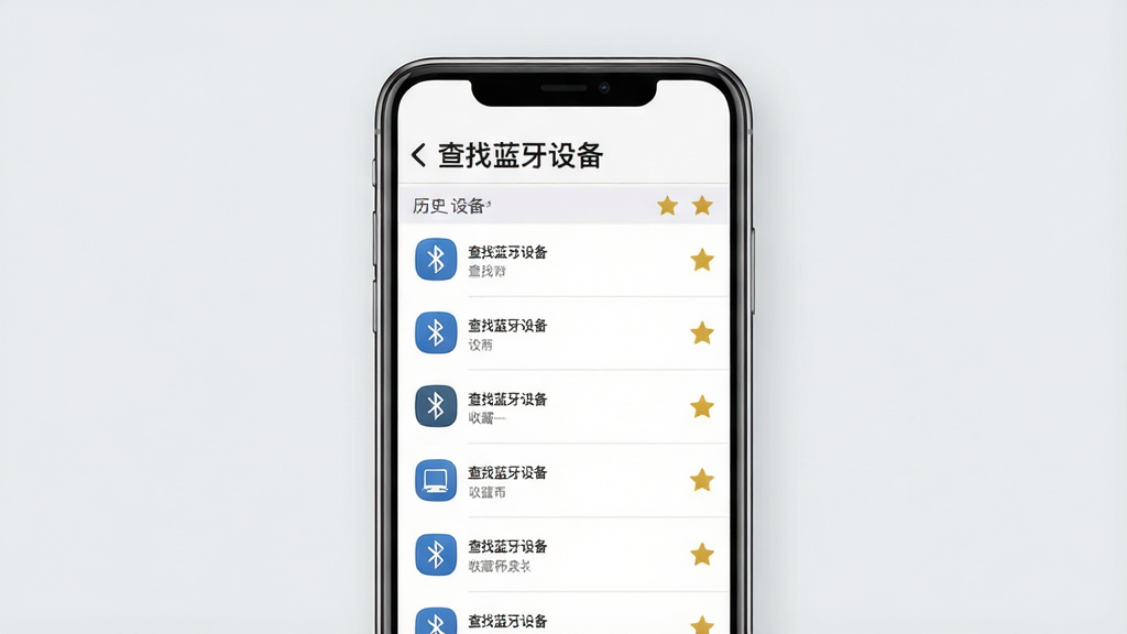 一张展示蓝牙设备历史记录管理界面的图片,画面主体是手机屏幕,屏幕上显示着查找蓝牙设备软件的历史设备列表和收藏标记。布局为手机居中,背景为淡灰色。排版采用分组列表形式,顶部有