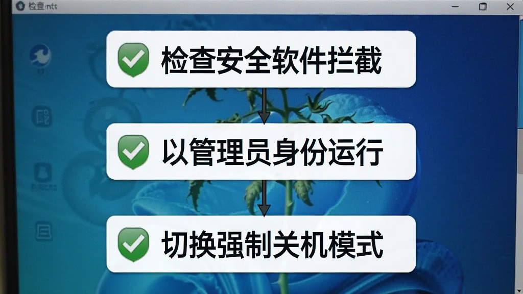 一张展示小番茄定时关机问题排查步骤的图片,画面是一个电脑屏幕截图风格的流程图,从上到下依次列出