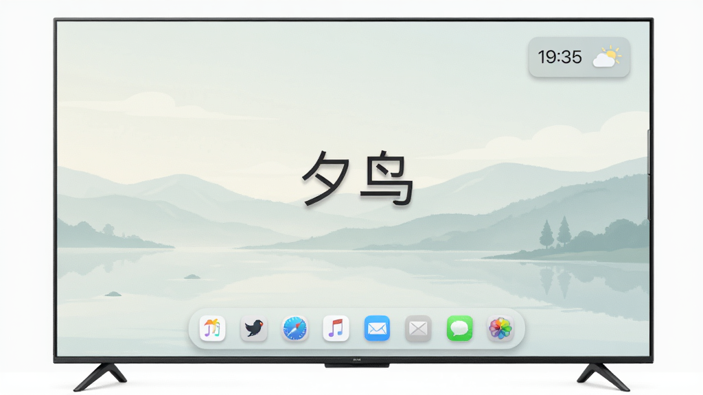 一台电视屏幕显示极简风格的“夕鸟”定制桌面,只有少量应用图标整齐排列在底部,背景为淡雅风景壁纸,主体为电视正面视图,布局居中,排版留白充足,风格为清新简约居家风,细节包含柔和的图标阴影与时间天气小组件,画质高清,画面干净无多余元素