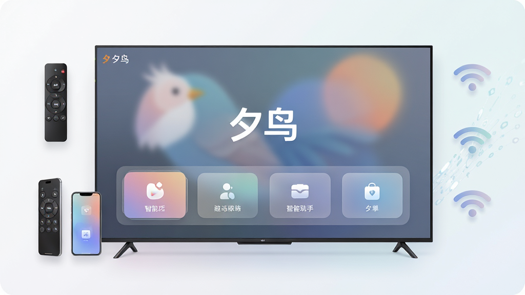 一款名为“夕鸟”的智能电视助手应用界面展示,主体是一台现代超薄电视屏幕,屏幕中央显示“夕鸟”Logo与简洁的功能卡片布局,周围环绕着遥控器、手机、WiFi信号图标,布局采用居中对称构图,排版清晰疏朗,风格为扁平化科技感设计,细节包含半透明毛玻璃效果与柔和渐变光影,画质4K超清,画面干净无多余元素