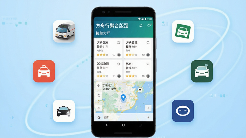 一张展示方舟行聚合版核心全貌的图片,画面中央放置一部安卓手机,手机屏幕上显示方舟行聚合版的接单大厅界面,界面中包含多个订单卡片和地图导航区域,手机周围环绕着代表不同出行平台的图标元素,背景为浅蓝色渐变,整体风格简洁科技感,排版居中,画质清晰干净,无多余元素,尺寸为横版16:9