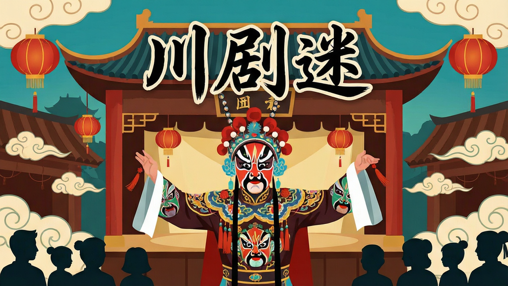 一张展现传统川剧艺术魅力的数字插画,主体是一位身着华丽川剧戏服、画着精致脸谱的戏曲演员正在舞台上表演变脸绝活,背景是古色古香的蜀地戏台建筑,画面中央上方用手写书法字体写着“川剧迷”三个大字,布局采用居中对称构图,排版上文字置于顶部居中位置,风格融合国潮插画与现代扁平化设计,细节包括戏服上的刺绣纹样、舞台灯笼、祥云图案以及台下观众剪影,画质高清细腻,干净整洁,无多余元素