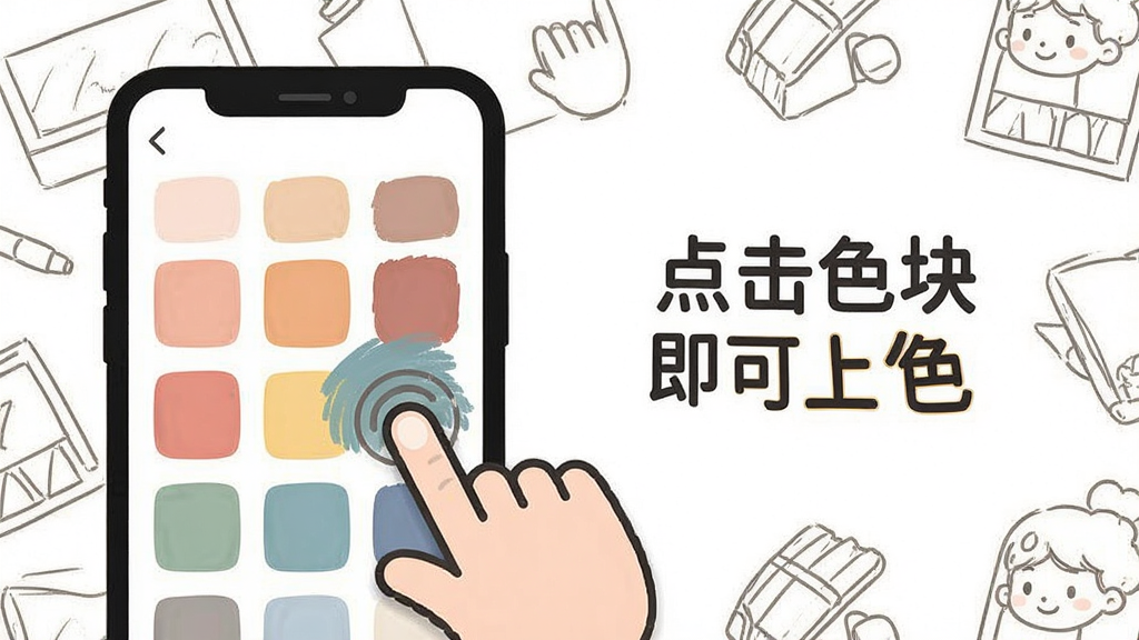 涂个壁纸应用的新手引导页面,画面展示手机屏幕上有一个手指图标正在点击色块进行填充操作,旁边有文字提示“点击色块即可上色”,背景是简洁的线稿图案,整体风格友好易懂,画质清晰,画面干净,无多余元素