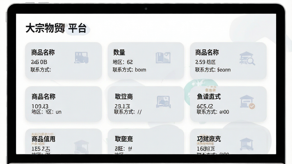 一张信息列表页面的插画,页面标题为“大宗物贸平台”,下方排列着多条供需卡片,每条卡片包含商品名称、数量、地区、联系方式等字段,卡片采用圆角设计,背景为浅灰色,文字清晰,整体风格简洁现代,画质干净无杂物。