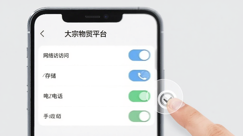 一部手机屏幕显示“大宗物贸平台”的权限管理页面,页面上列出网络访问、存储、电话等权限开关,旁边有手指点击开启的示意动作,背景为浅灰色,风格简洁直观,画质清晰,无多余元素。