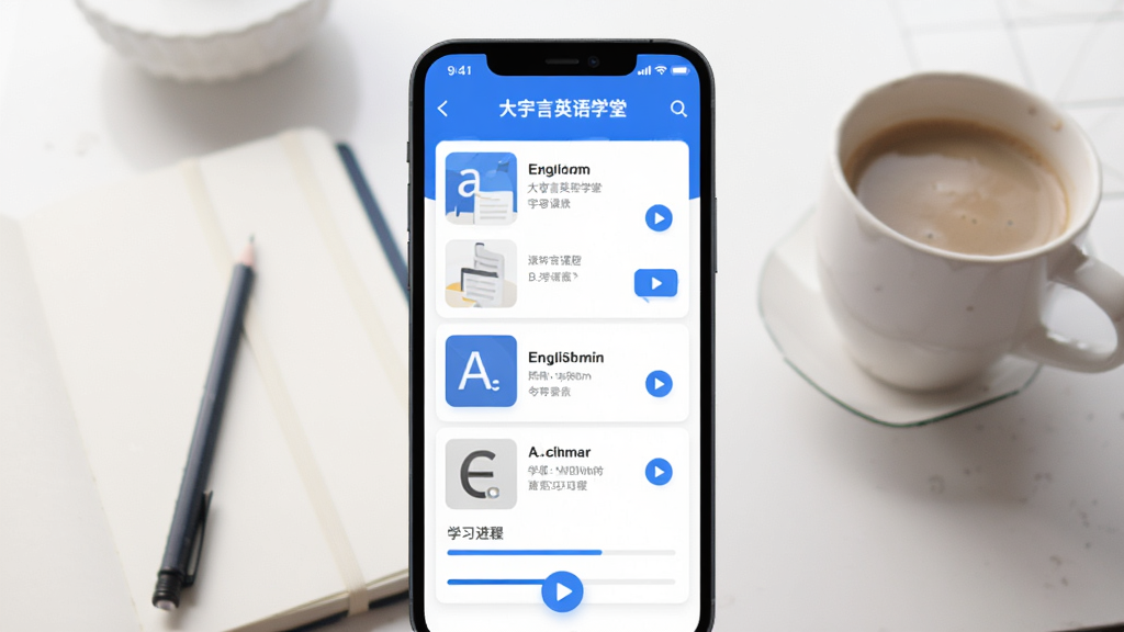 一张展现大宇言英语学堂手机应用主界面的图示,画面中央是一部竖屏智能手机,屏幕内显示英语课程列表与学习进度条,背景是柔和的书桌场景,摆放着笔记本、铅笔与一杯咖啡,整体风格清新简洁,色调以蓝白为主,细节包含英语字母图标与播放按钮,画质清晰,干净,无多余元素