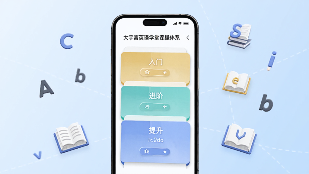 一张展示大宇言英语学堂课程体系界面的图示,画面中央是手机屏幕,屏幕内呈现分层级的课程卡片,标注着入门、进阶、提升等字样,周围环绕着英语字母与书本图标,背景为淡蓝色渐变,风格简约现代,细节清晰,画质干净,无多余元素