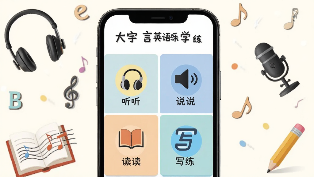 一张展示大宇言英语学堂听说读写训练模块的图示,画面中央是手机屏幕,屏幕内分四个区域分别标注听、说、读、写图标,周围有英语字母与音符装饰,背景为柔和的米白色,风格清新,细节包含耳机、话筒、书本、铅笔等元素,画质清晰,干净,无多余元素