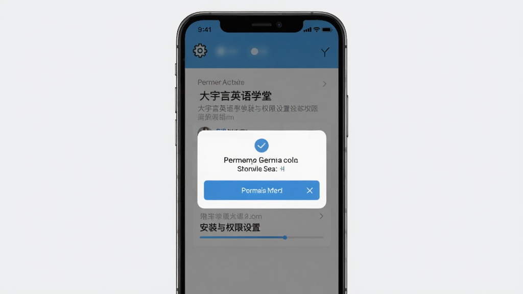 一张展示大宇言英语学堂安装与权限设置界面的图示,画面中央是手机屏幕,屏幕内显示权限授权弹窗与存储空间提示,背景为浅灰色,风格简洁,细节包含设置图标与进度条,画质清晰,干净,无多余元素