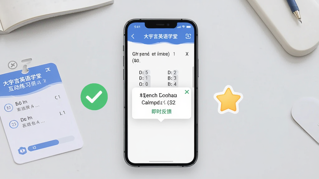 一张展示大宇言英语学堂互动练习界面的图示,画面中央是手机屏幕,屏幕内显示一道英语选择题与即时反馈弹窗,旁边有对勾与星星评分图标,背景为浅灰色学习桌面,风格简洁明快,细节包含答题卡与进度条,画质清晰,干净,无多余元素