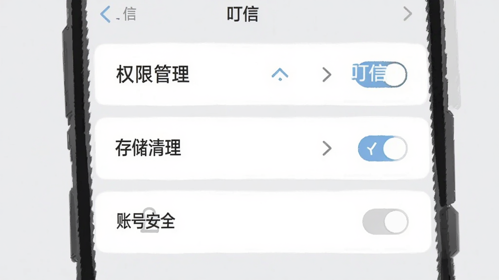 手机屏幕展示叮信设置页面,包含权限管理、存储清理和账号安全选项,背景为浅灰色,布局为纵向列表,风格为扁平化设置界面插画,细节包括开关按钮、箭头图标和“叮信”文字,画质清晰,干净,无多余元素