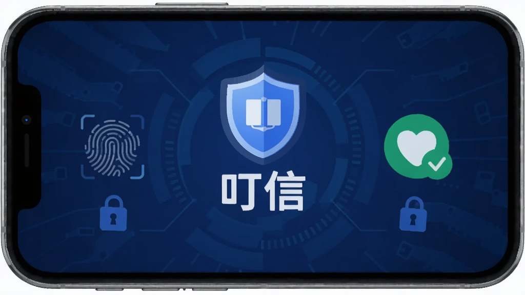 手机屏幕显示叮信安全中心页面,屏幕中央有盾牌图标和“叮信”文字,背景为深蓝色科技纹理,布局为居中对称,风格为安全防护主题插画,细节包括指纹识别、锁形图标和绿色对勾,画质干净,无多余元素