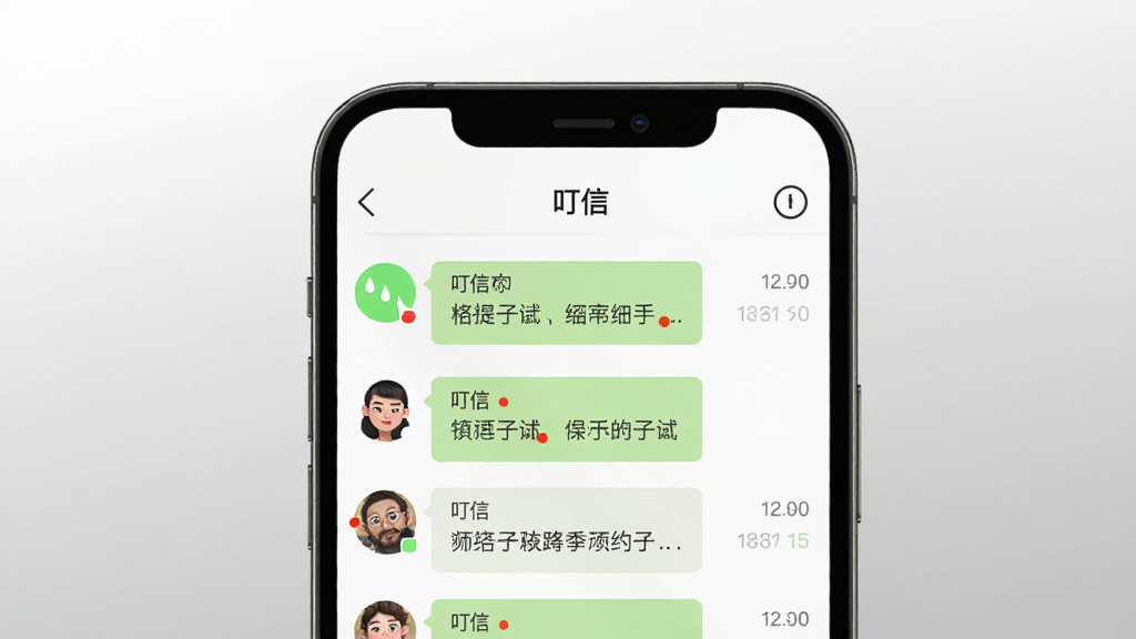 一部手机屏幕展示叮信聊天列表,屏幕上方有“叮信”文字标识,背景为白色到浅灰渐变,布局为居中特写,风格为清爽UI展示图,细节包含未读红点、置顶聊天和头像缩略图,画质干净,无多余元素